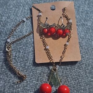 Cherry Charm Necklace and Earring Set